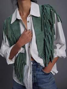 Retro Western Fringe Vest, Open Front Sleeveless Waistcoat, Vintage Cropped Vest for Women's Boho Streetwear - Verde - Ver 1