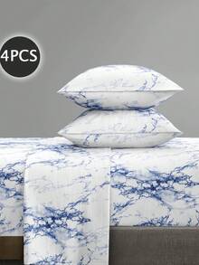Bộ ga trải giường 4 món họa tiết đá cẩm thạch xanh cổ điển, chất liệu microfiber mềm mại dễ giặt ủi, bộ ga trải giường họa tiết hoa (1 ga trải giường + 1 váy giường + 2 vỏ gối), bộ váy giường, phù hợp với giường đơn, đôi, cỡ Queen, cỡ King, thiết kế váy giường có túi sâu, vỏ gối lên đến 11,8 inch, mềm mại và thoáng khí, chống nhăn, phong cách khách sạn sang trọng, phong cách nữ tính ngọt ngào, quà tặng cho bố mẹ, bạn bè. - Màu xanh lam - Xem 1