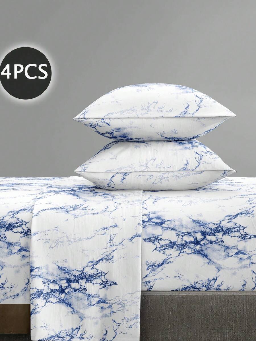 Bộ ga trải giường 4 món họa tiết đá cẩm thạch xanh cổ điển, chất liệu microfiber mềm mại dễ giặt ủi, bộ ga trải giường họa tiết hoa (1 ga trải giường + 1 váy giường + 2 vỏ gối), bộ váy giường, phù hợp với giường đơn, đôi, cỡ Queen, cỡ King, thiết kế váy giường có túi sâu, vỏ gối lên đến 11,8 inch, mềm mại và thoáng khí, chống nhăn, phong cách khách sạn sang trọng, phong cách nữ tính ngọt ngào, quà tặng cho bố mẹ, bạn bè. - Màu xanh lam - Xem 1