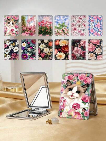 1pc Floral Painting Style Compact Makeup Mirror, Foldable, Lightweight, Durable PU Leather, Suitable For Travel, Party, Work, School, Suitable For All Ages