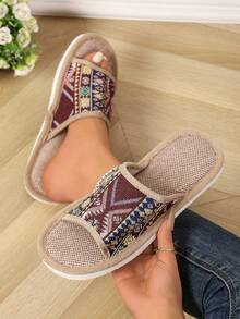Dép đi trong nhà phong cách Bohemian cổ điển dành cho nữ, dép vải lanh dày chống trơn trượt đế dày, thích hợp cho mùa hè. - Đỏ - Xem 2