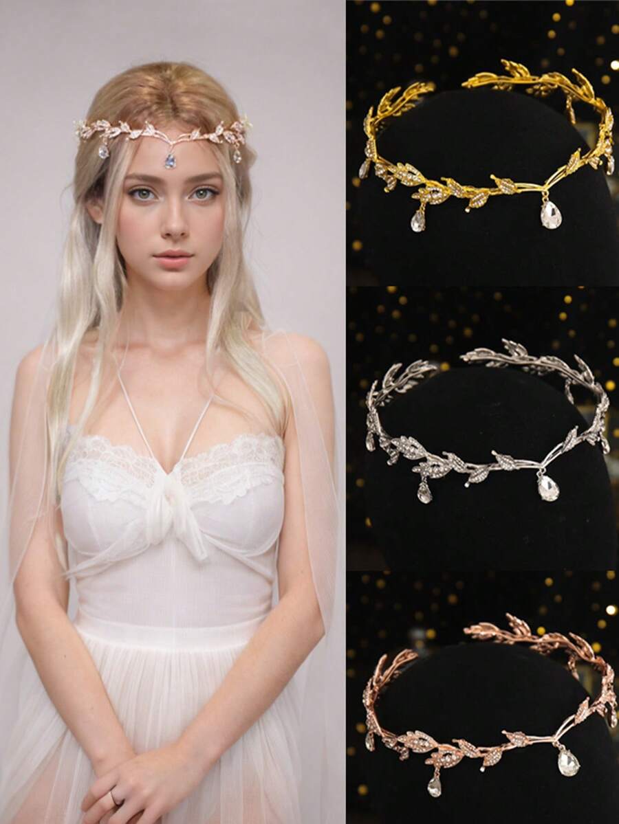 Bohemian Elf Leaf Crystal Headpiece, Women's Teardrop Rhinestone Hair Accessory, Bohemian Bridal Wedding Headband, Suitable For Party, Ball And Cosplay - Multicolor - View 1