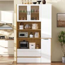 Highboard With Adjustable Shelves And Drawers, Sideboard With Pull-Out Shelves And Ribbed Glass, Ideal For Dining Room, Living Room And Kitchen (White+Natural) - White - View 2