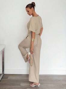 Conjunto de dos piezas  2026: top corto manga corta + pantalones anchos holgados color beige, ideal para primavera y verano - Albaricoque - Ver 7