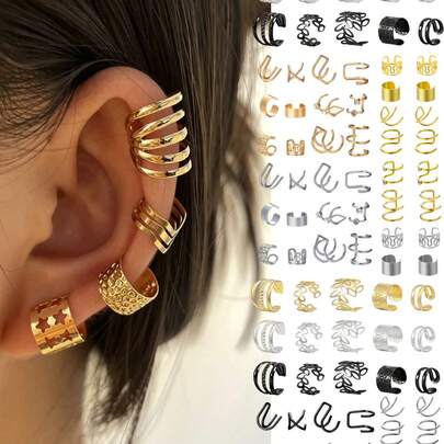 27 pièces/set Boucles d'oreilles clip simples et à la mode en métal avec motifs géométriques floraux multi-éléments, convient aux femmes, couples, sœurs, pour les vacances, les sorties, le quotidien, les fêtes, les mariages, cadeau pour maman, amis