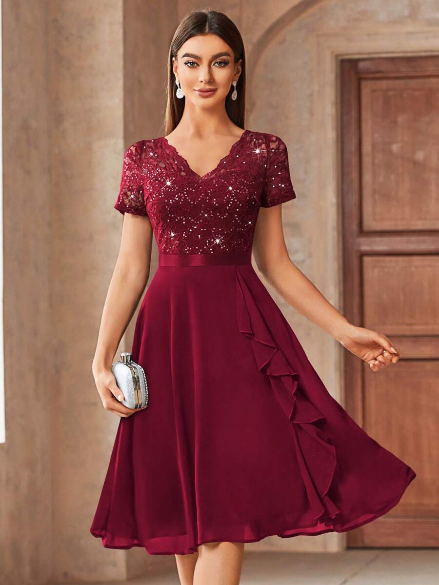 MIUSOL Váy dạ hội xòe cổ chữ V đính sequin ren hoa viền bèo voan chiffon, váy tiệc thanh lịch cho nữ, cho tiệc trang trọng, tiệc homecoming, lễ tốt nghiệp
