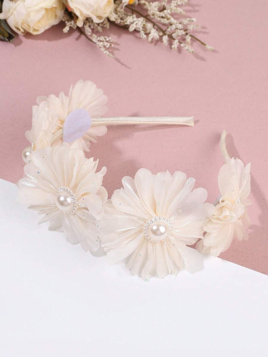 1pc Elegant Beige Floral Headband, Decorated With Pearls And Rhinestones, Suitable For Daily Wear And Special Occasions Like Weddings, Vacations, Spring Outfits, Fashionable For Teenage Girls - Beige - View 1