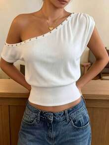 Women's Summer Solid Color Fashion Casual Street Style Spicy Girl Style Rivet Decor Irregular Collar Short Sleeve Wide Hem Cropped Top - White - View 5