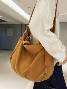 Vintage Washed Canvas Crossbody Bag, Casual Tote Bag Suitable For School, College, Work, Travel, Unisex Design ,Beach Bag - Brown - View 7