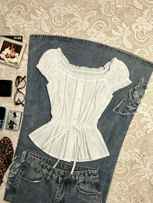 Women's Solid Color Vacation Frill Trim Drawstring Waist Shirt, Summer White