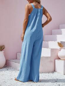 Women's Casual Solid Color Button Strap Wide Leg Jumpsuit, Spring/Summer Elegant - Blue - View 7