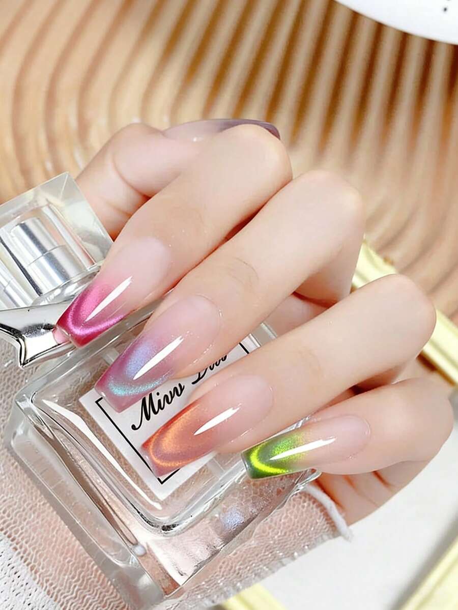 Móng giả dán - Móng giả dài hình quan tài với họa tiết mắt mèo màu hồng rực rỡ mùa hè, thiết kế lấp lánh acrylic, 24 chiếc.