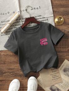 Baby Girls' Minimalist Floral & Letter Print Round Neck Short Sleeve Cute Top - Dark Grey - View 4
