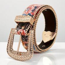 1pc Vintage Western Style Floral Embossed Women's Belt | Black Base Colorful Floral Print Waist Belt, Suitable For Bohemian, Dress, Jeans - B - View 2