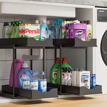 1pc Double-Layer Under Sink Storage Rack, Pull-Out Sliding Organizer, PP Material, Space-Saving Design, Embedded Cabinet Sink Organizer, Suitable For Kitchen And Bathroom Countertop Storage, Multi-Functional Home Storage Rack - Multicolor - View 9