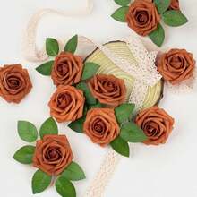 30/300pcs Artificial Rose Stems, Suitable For DIY Wedding Bouquets, Center Pieces, Parties, Home Decor, OPP Bag Packaging (Excluding Box), Valentine's Day, Birthday, Graduation Gifts (Including 2 Leaves) - Orange - View 2