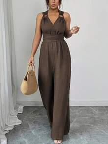 Tie Waist Sleeveless Palazzo Jumpsuit, Elegant Party Outfit Crisscross Jumpsuit, Tie Waist Wide Leg Pants, Casual Vacation Outfit For Summer - 棕色 - 查看 3