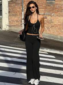 Hugcitar moda 2 uds conjuntos sólido Halter Slips espalda descubierta Sexy Crop Camis Top pantalones de pierna ancha verano mujeres trajes ropa de calle deporte - Negro - Ver 1