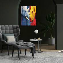 Plano 2D, 1 pieza Póster de lienzo plano 2D sin marco, Pintura en lienzo de elefante y rinoceronte coloridos, Diseño único, Duradero y de larga duración, Regalo ideal para uso en interiores/exteriores, Decoración de cafetería | Arte de pared vintage | Arte de pared duradero, Decoración de habitación - Enmarcado - Ver 2