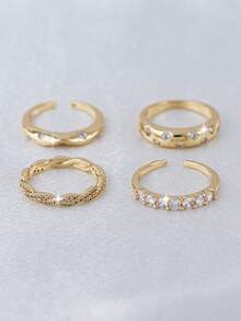 4件套奢华镀金立方氧化锆叠戴戒指套装 - 波浪纹理星点永恒戒指，闪亮立方氧化锆女士承诺戒指，派对饰品 - 金黃色 - 查看 5