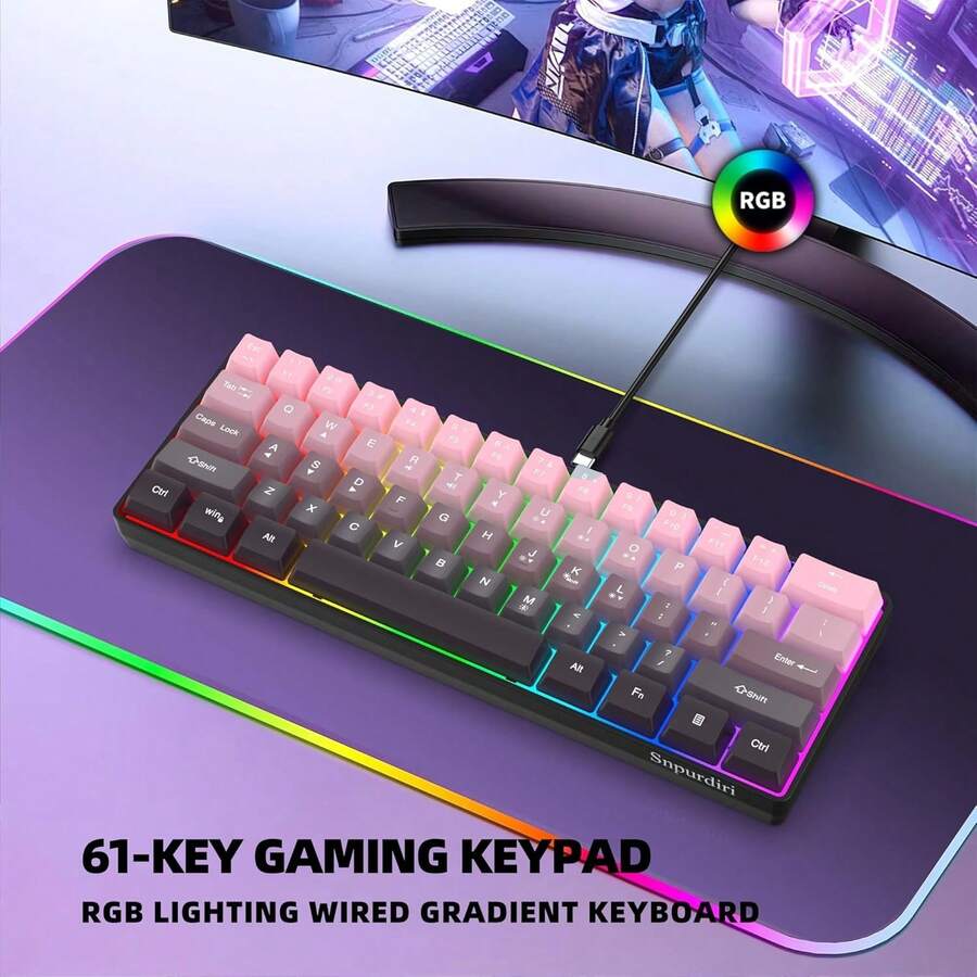 Snpurdiri 60% Wired Gaming Keyboard, 61 Keys RGB Backlit Ultra-Compact Small Gaming Keyboard, For PC/ Gamer, Typist, Travel, Easy To Carry On Business Trip (Pink-Black) - Xem 1