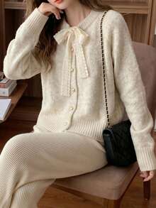 Elegant Lace Bow Knitted Cardigan With Heart-Shaped Buttons, Romantic Sweater Suitable For Christmas, New Year And Valentine's Day - Apricot - View 11