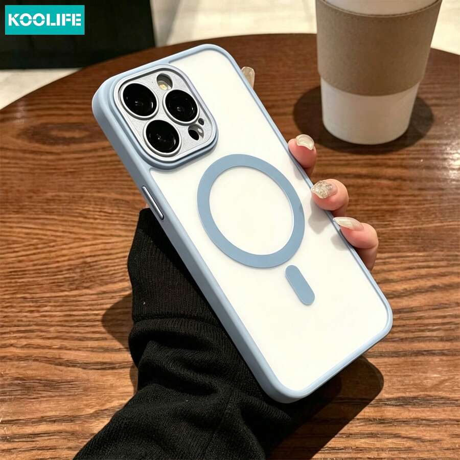 1pc Koolife Magnetic Wireless Charging, Metal Button, Built-In Lens Film, Skin-Friendly Transparent Anti-Fall Full Coverage Phone Protective Case, PC+TPU, Compatible With IPhone 17 ProMax/17/17 Pro/17 Air/12/12 Pro/12 ProMax/13/13 Pro/13 ProMax/14/14 Plus/14 Pro/14 ProMax/15/15 Pro/15 Plus/15 ProMax/16 Pro/16 Plus/16e/16 ProMax - Light Blue - View 1