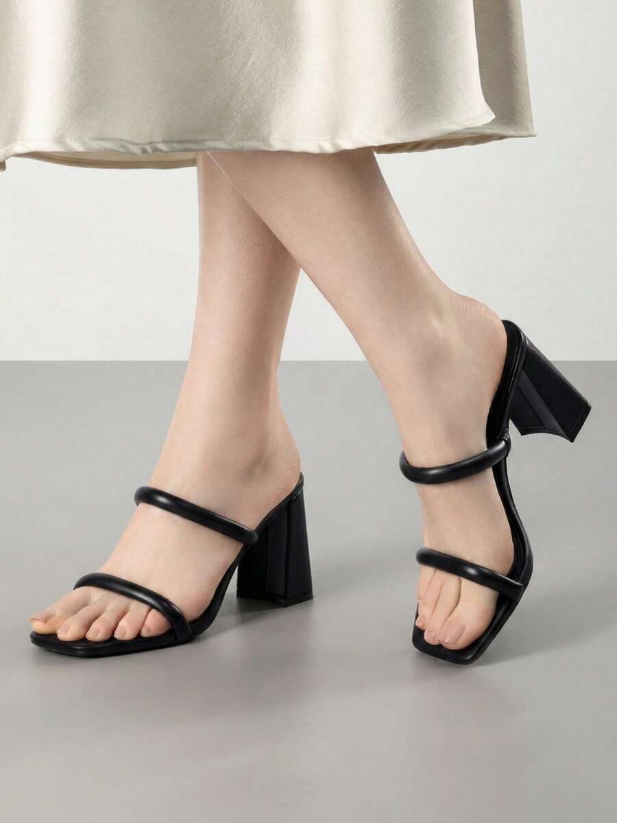 Athlefit Stylish Women's Square Open Toe Two Strap Heeled Sandals Slip On Block Chunky Heels Sandals - Black - View 1