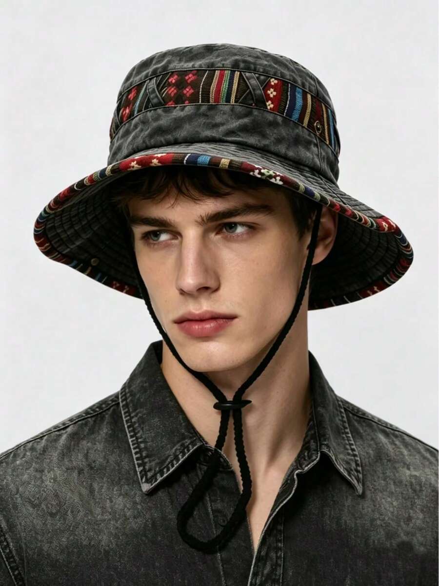 1顶男士水洗渔夫帽,复古抽绳渔夫帽,西伯利亚户外运动防晒帽,舒适休闲遮阳帽,适合骑行、旅行、徒步、夏季、海滩、度假、节日等场合 - 黑色 - 查看 1