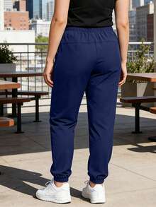 Plus Size Women's Drawstring Sports Pants, Summer Breathable Ice Silk Pants, Elastic Waist Casual Cycling Pants, Running Sweatpants - Blue - View 8