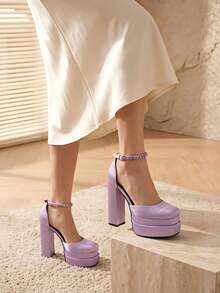 Women's 6 Inch Chunky Platform Heels Satin Square Toe Pumps With Rhinestone Ankle Strap, Block High Heel Mary Jane Shoes For Party Prom Wedding - Light Purple - View 5