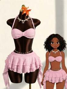 Zestiva Conjunto de traje de baño de 3 piezas para mujer con top bandeau de unicolor, cuello alto fruncido y bajo fruncido, hecho de tela especial trenzada - Rosa - Ver 9