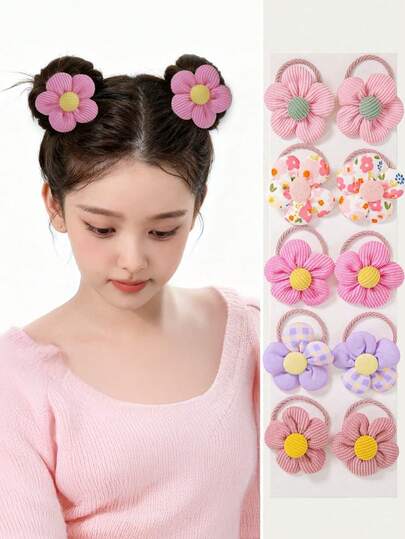 10pcs/Pack Teen Girls Fabric Flower Cute Princess Hair Ties Hair Scrunchies Hair Accessories, Won't Damage Hair