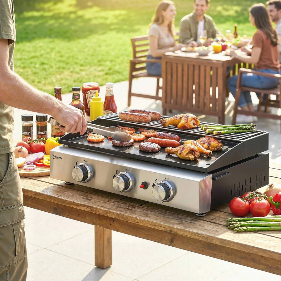 Outsunny Barbacoa de Gas BBQ Gas con Quemadores, Barbacoa Portátil con Plancha, Rejilla Calentadora y Recogedor Grasa, para Camping, Picnic, Terraza, Negro - A - Ver 1