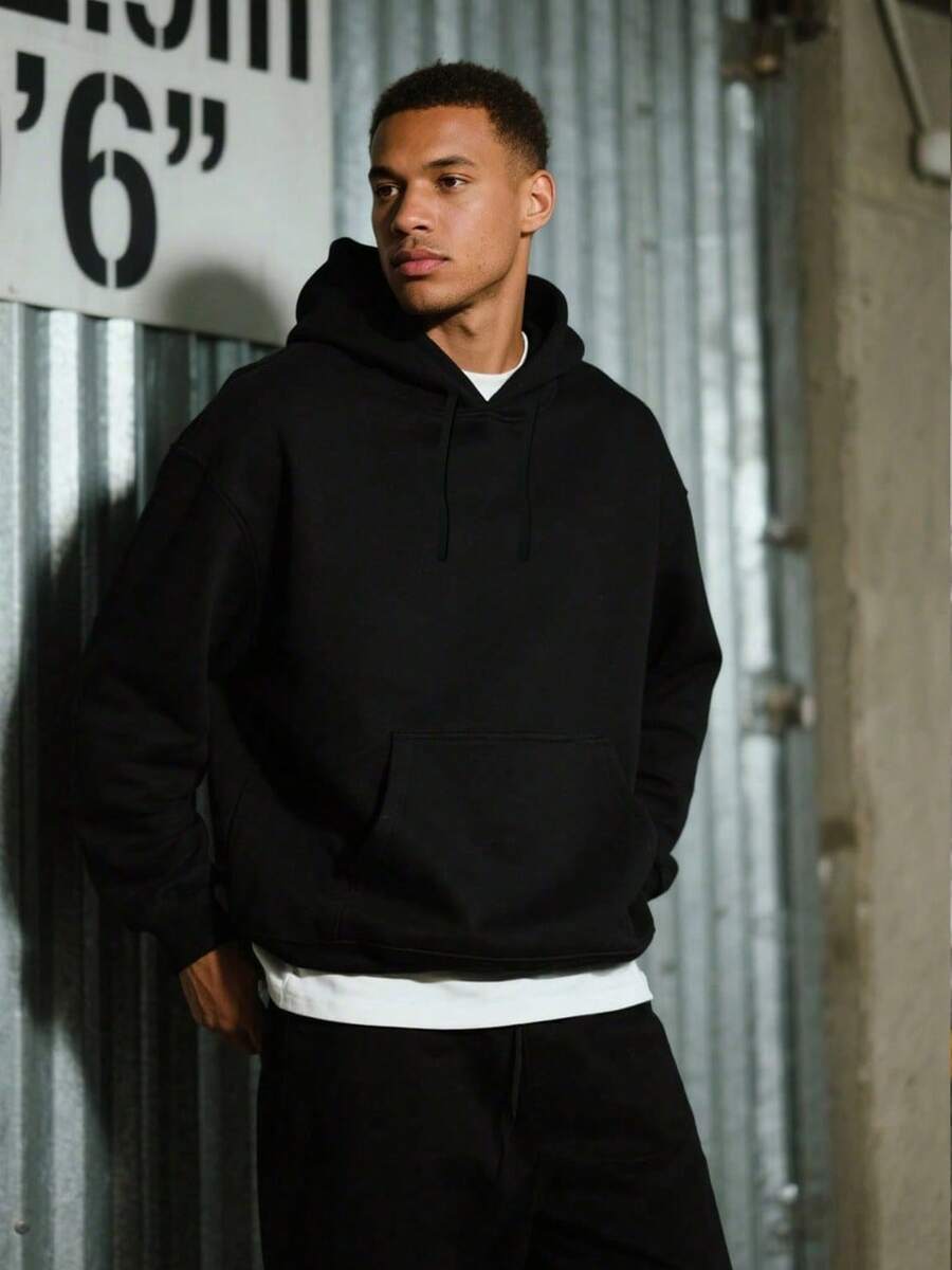 1PC Men's Black Solid Color Drop Shoulder Long Sleeve Drawstring Pocket Casual Hoodie, Autumn/Winter, Suitable For Work, Daily Office Sports, And As A Gift For Husbands And Boyfriend - Black - View 1