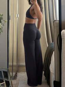 Pantalones acampanados ajustados de unicolor elegantes y modernos para el trabajo y el deporte para mujer, primavera - Gris Oscuro - Ver 10