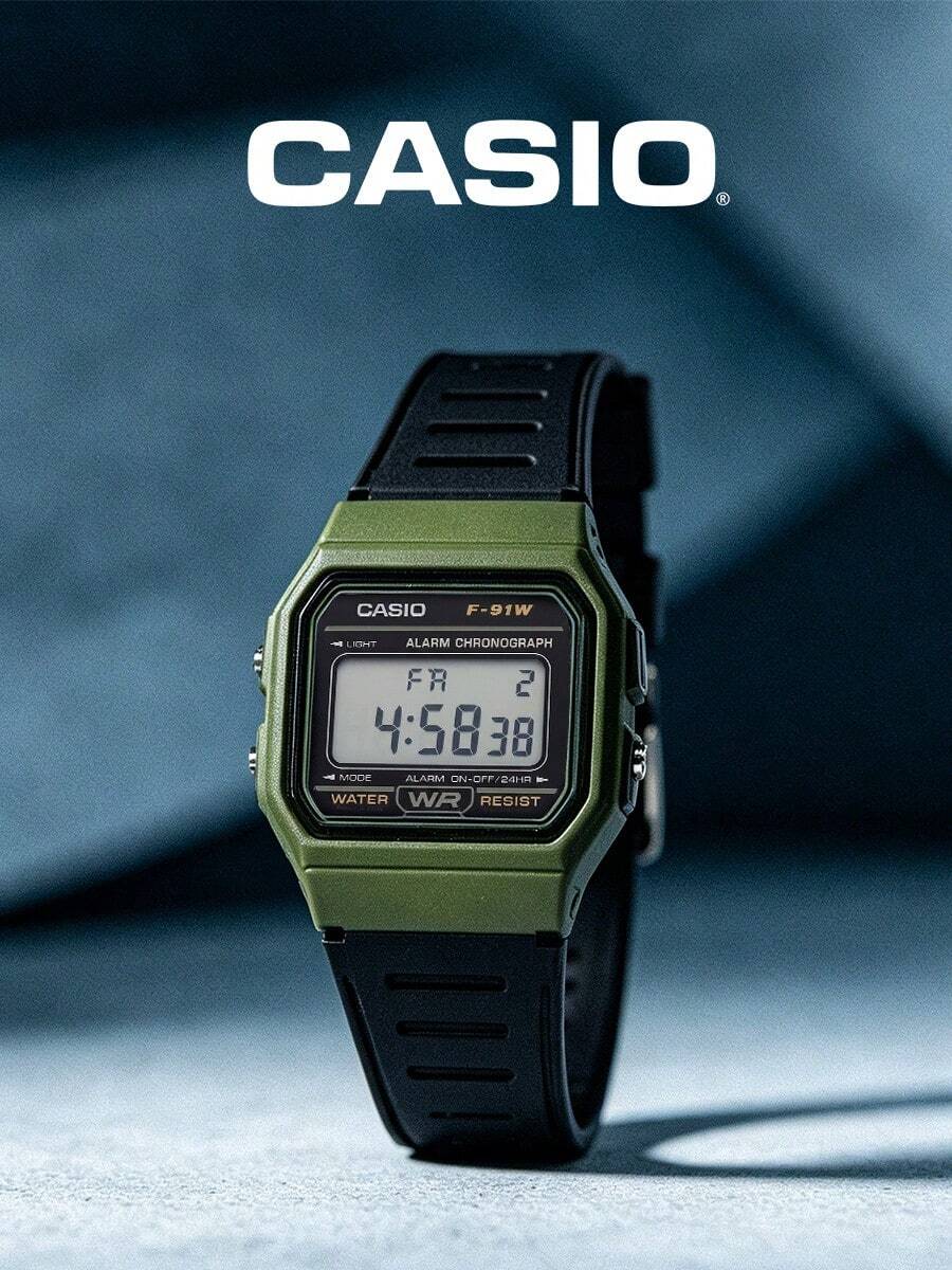 Casio F-91WM-3A Olive Green Digital Watch Military Tactical Style Alarm Chrono LCD Resin Band Water Resistant Unisex Outdoor Camping Hiking Survival Gear Aesthetic Streetwear Gift for Adventurer Son Boyfriend Nature Lover - 軍綠殼黑帶 - 查看 1