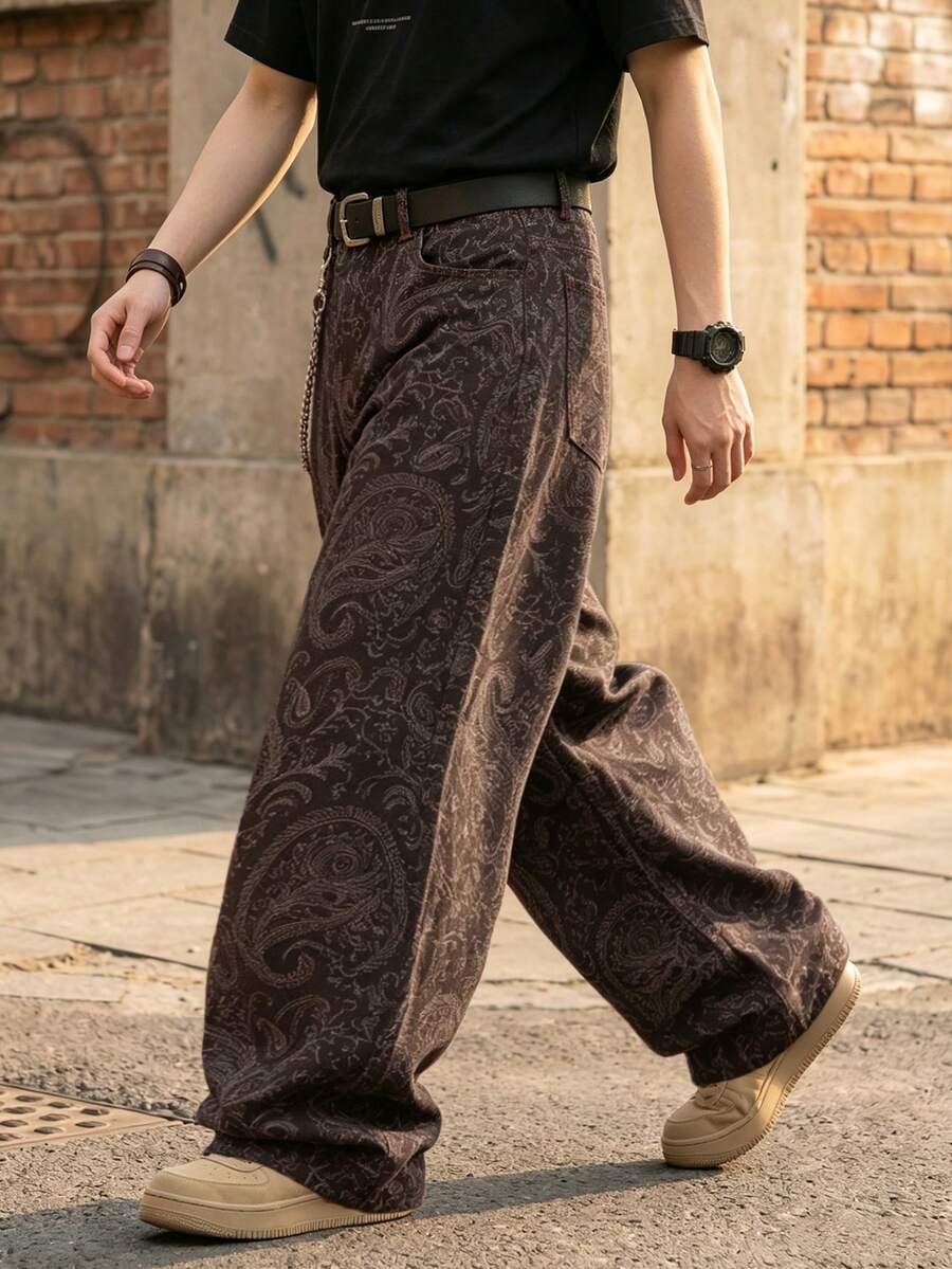LIYS 男士宽松提花直筒牛仔裤，佩斯利提花复古嬉皮休闲裤，夏季长裤 - 棕色 - 查看 1
