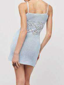 New Summer Women Sexy Strapless Bodycon Solid Color Hollow Out Knit Blue Mini Dress, Suitable For Beach Vacation And Party - Mint Blue - View 3
