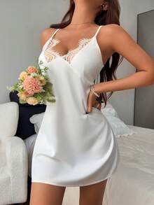 Women's Lightweight Sexy Minimalist Lace Patchwork Satin Slip Dress, Summer - White - View 5