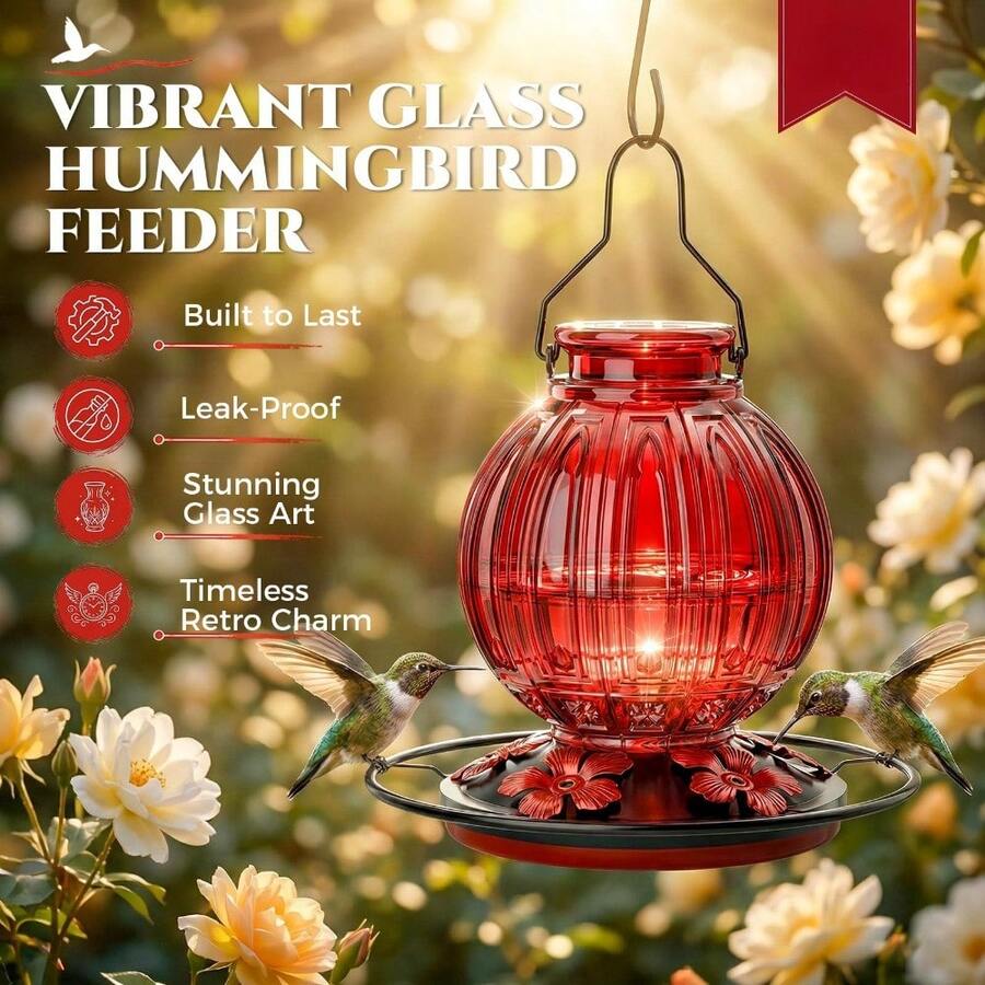 25 Oz Glass Hummingbird Feeder, Leak Proof – 5 Feeding Ports, Vintage Ball Shape, For Outside Or Garden Decor - Red - View 1
