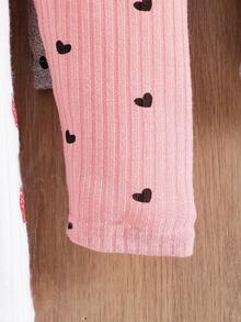 4pcs Girls Casual Solid Color Soft Stretchy Pants, Heart & Strawberry Print, Suitable For Spring/Summer - Multicolor - View 6
