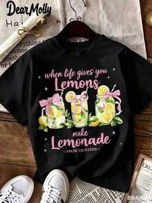 DEAR MOLLY Camiseta de Mujer con Estampado de Limonada "Cuando la Vida te da Limones", Camiseta Casual Retro con Estampado de Limones, Cuello Redondo y Manga Corta, Adecuada para Verano, Vacaciones y Uso Diario, Camisetas Casuales Unisex - Negro - Ver 3