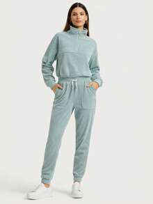 Women's Waffle Tracksuit Set, Cropped Quarter-Zip Sweatshirt, Stand Collar, Drawstring Joggers, Pockets, Cuffs, Spring Autumn Casual - Mint Green - View 2
