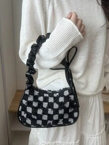 Ba lô một vai có thể điều chỉnh, thiết kế denim kẻ caro thời trang mới với nơ hình ngôi sao, dây rút nhún dưới cánh tay, chất liệu denim ombre độc đáo. - màu đen - Xem 3