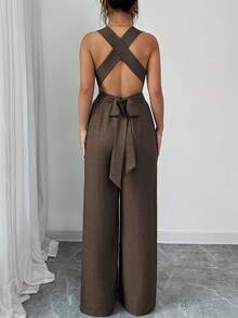 Tie Waist Sleeveless Palazzo Jumpsuit, Elegant Party Outfit Crisscross Jumpsuit, Tie Waist Wide Leg Pants, Casual Vacation Outfit For Summer - 棕色 - 查看 2