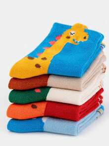 10 Pairs Random Mixed Color Cartoon Letter & Dinosaur Print Children Socks, Suitable For Casual Daily Wear - Multicolor - View 4