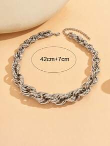 1pc Chunky Jewelry Minimalist Metal Twisted Necklace, Fashionable Versatile Silver Chain Vintage Necklace For Women, Suitable For Daily Wear, Outings, Photography, Parties And Gatherings - Silver - View 4