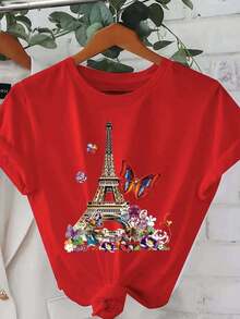 Unisex Size. Plus Size Women's Cotton T-Shirt, Casual Summer Style. Short-Sleeved T-Shirt With Eiffel Tower And Butterfly Design, Round Neck, Regular Length, All-Season Top, Everyday Fashion. | Paris Theme | Butterfly Graphi. Sweat-Absorbing Material, Soft And Skin-Friendly. - 紅色 - 查看 6