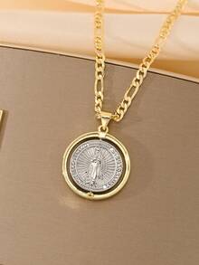 1pc Unisex Vintage Religious Rotating Virgin Mary Medal Necklace, Carefully Crafted From 14K Gold-Plated Copper, Rotating Medal Design, Paired With 50cm Chain, Fashionable And Versatile, Perfect For Catholic First Communion And Baptism Gifts, Showcasing Faith And Quality In Daily Life, Worship And Festivals - Yellow Gold - View 3